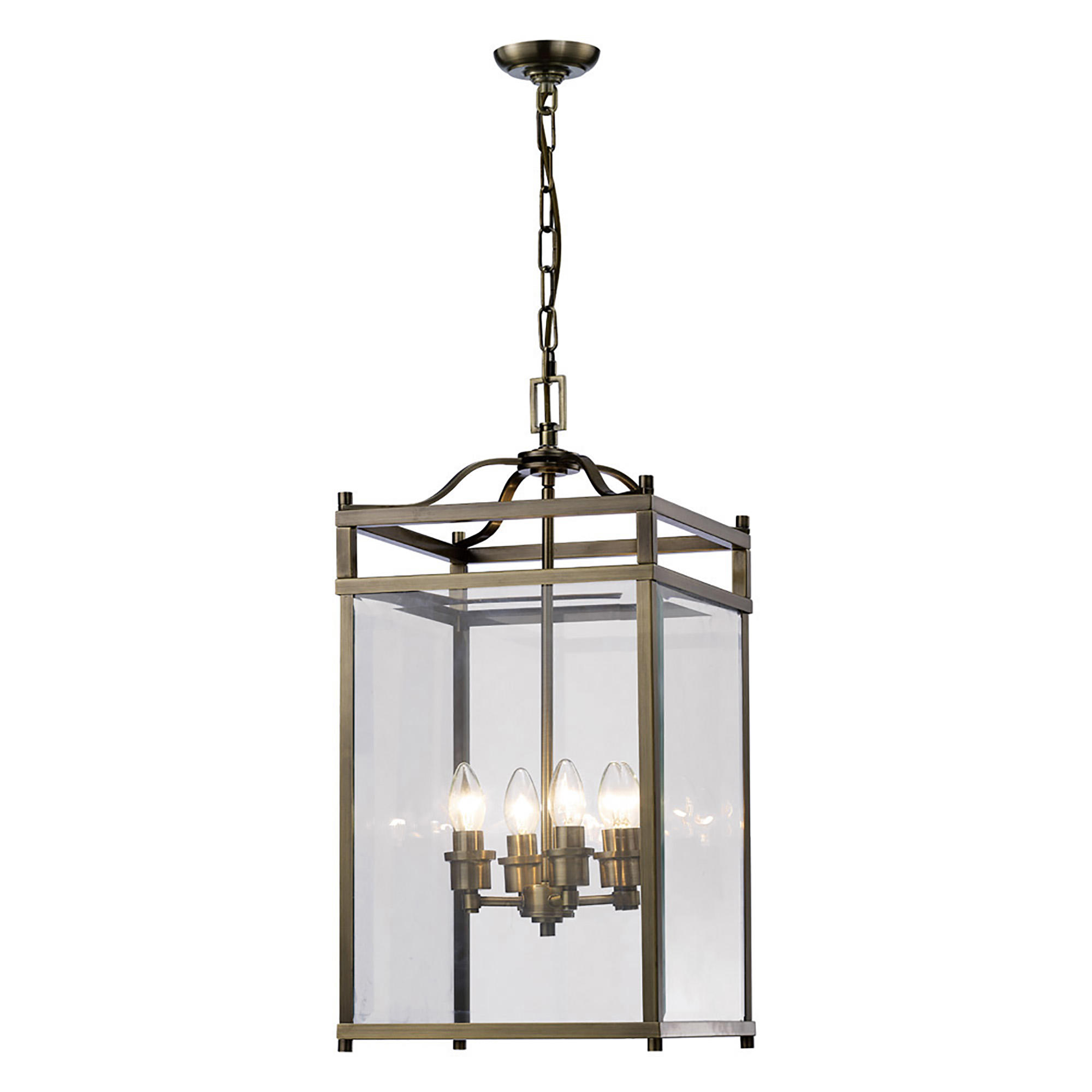 IL31113  Aston Glass Square Pendant 4 Light Antique Brass